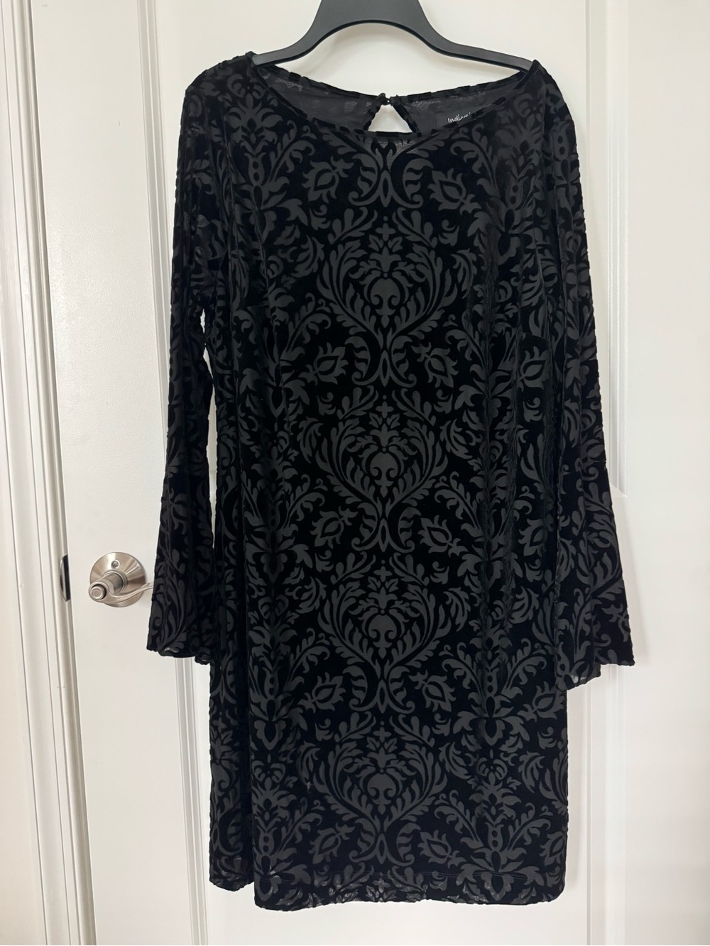 Black Burnout Velvet Long Sleeve Dress bell sleeves